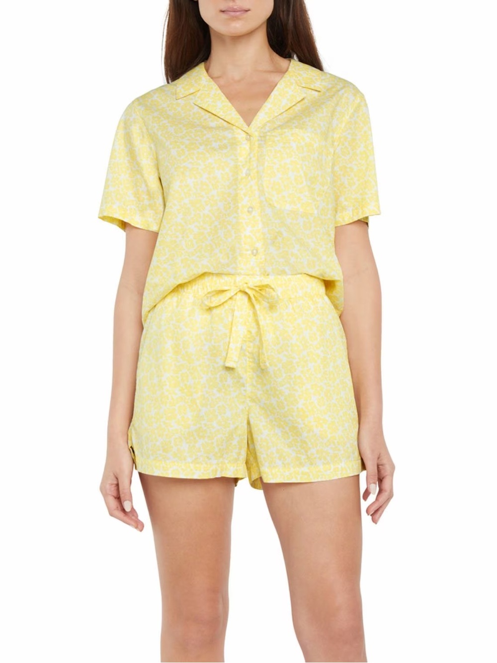 Gap Yellow Floral Pajama Set Medium Button Front Top & Shorts Lounge Set
